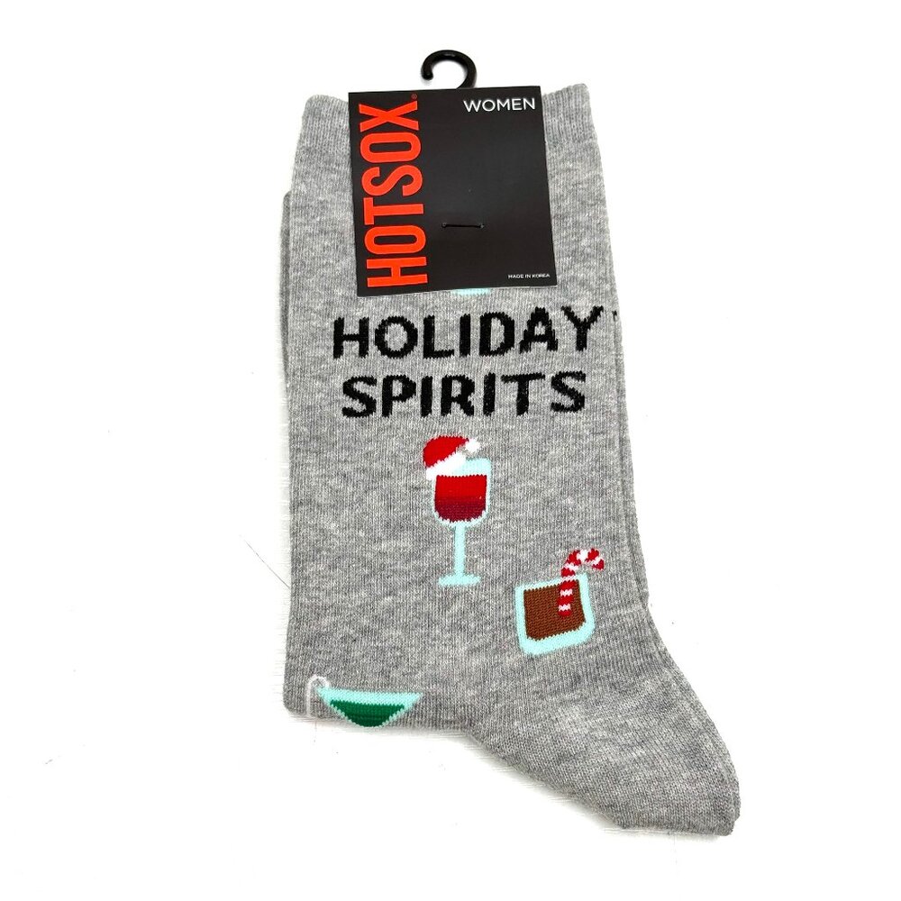 Hotsox Holiday Spirits Drinks Crew Socks Womens Size 9-11 Shoe Size 4-10.5 Gray